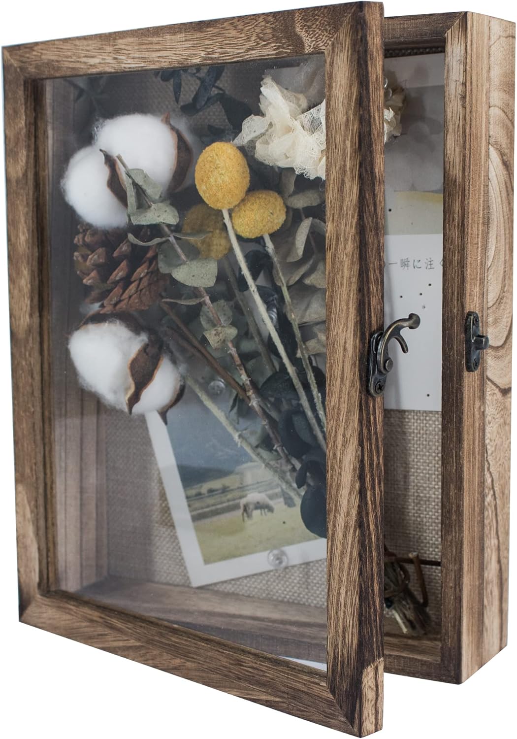GraduationMall 13x16 Wood Shadow Box Frame Glass Door Display Case with Linen Back and 6 Stick Pins,1.5 inches Interior Depth,Ideal for Memorabilia Pictures Flowers Medals Tickets Rustic White