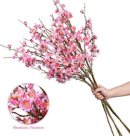 florisso 6 PCS Artificial Cherry Blossom Branches Spring Indoor Decoration, Faux Flowers 34.45" Long Stems Plum Fake Peach Plants Real Touch Silk for Wedding Home Bedroom Party Table Office, White