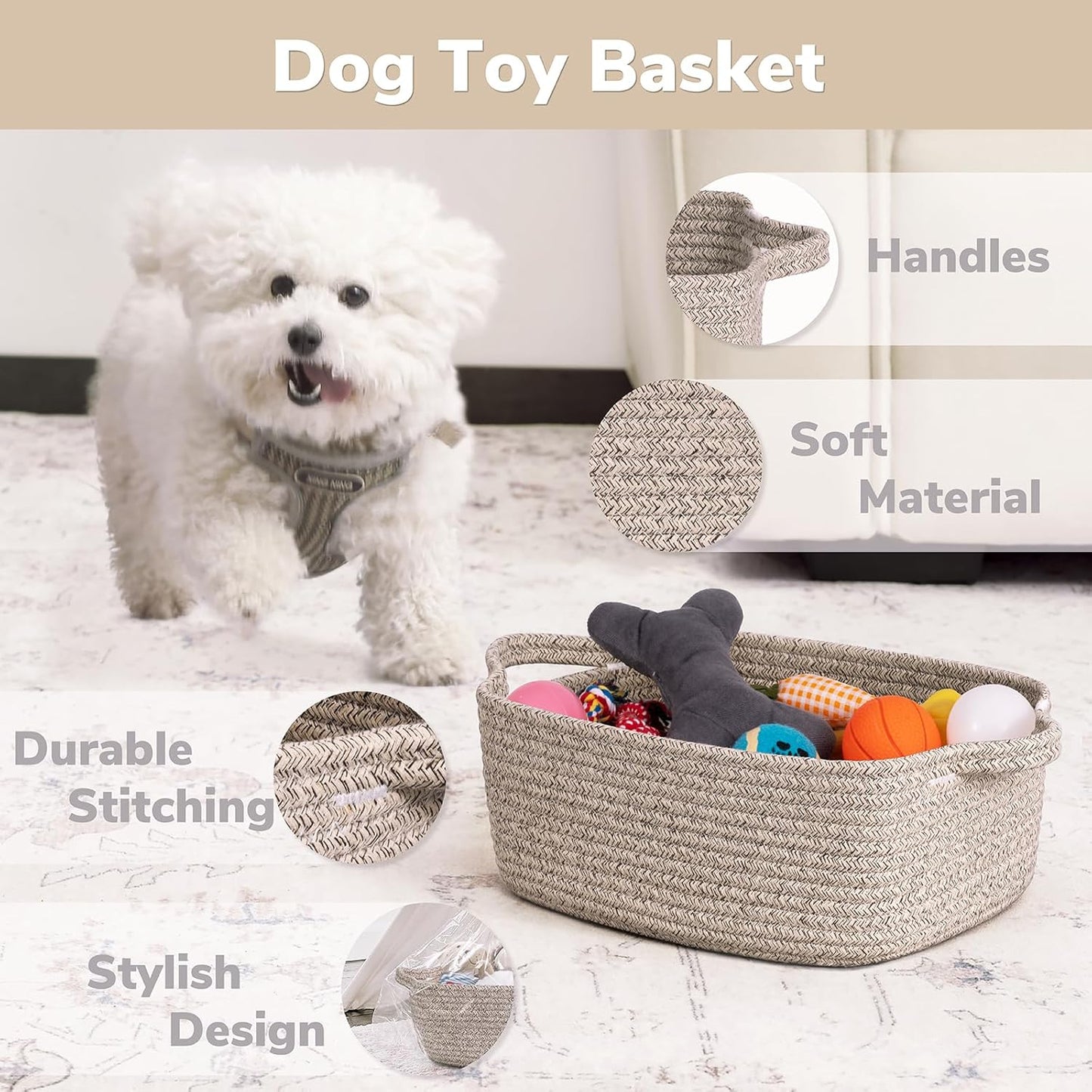 CHICVITA Decorative Gift Basket, Easter Basket for Kids, Woven Rope Storage Baskets with Handles, Nursery Baby Shower Toy Organizer, Grey, 13 x 9.8 x 5 inches