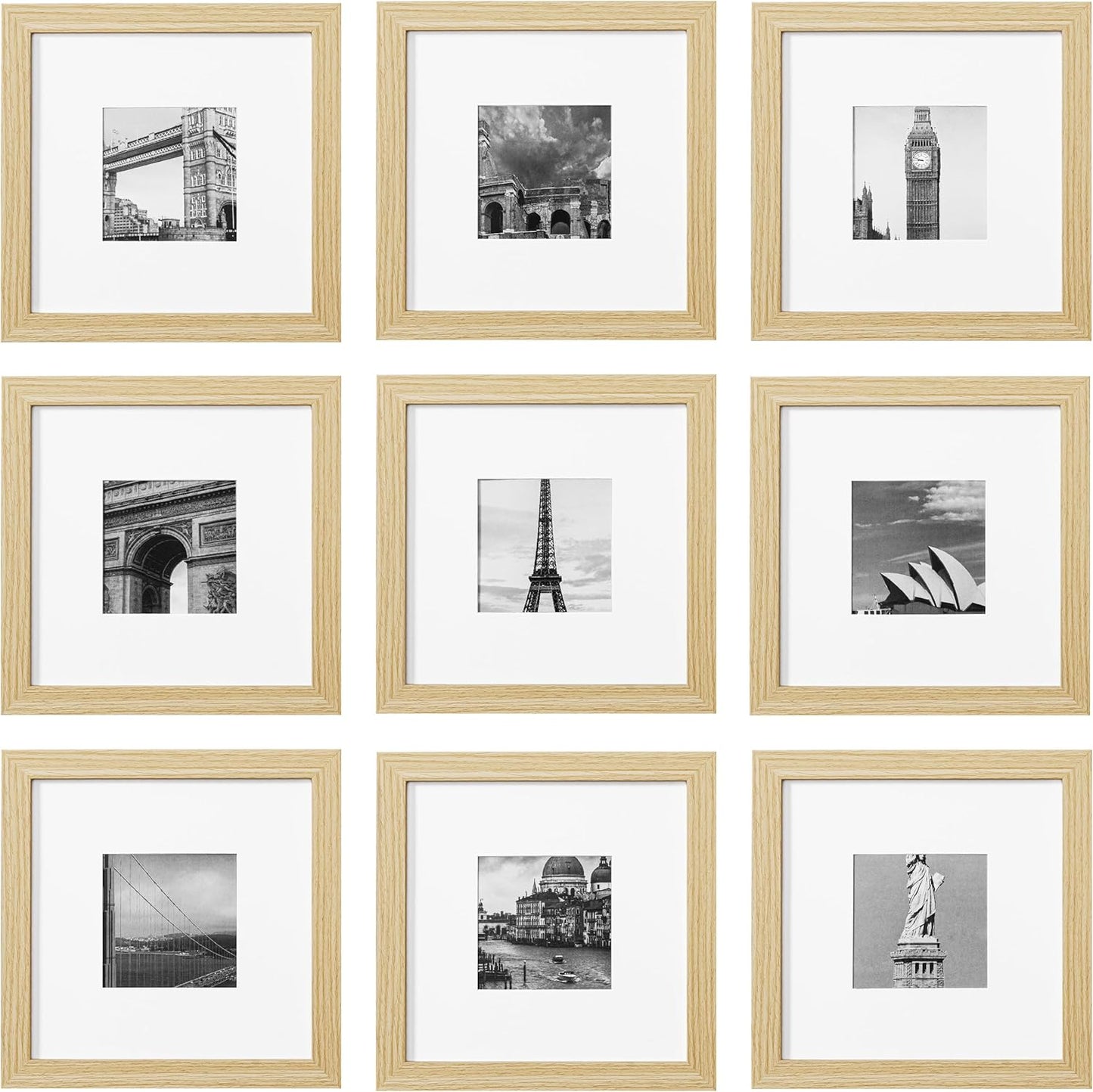 eletecpro 12x12 Picture Frames Set of 9 with Clear Acrylic Cover, Display 8x8 Photos with Mat or 12x12 Without, Classic and Sturdy Square Collage Gallery Wall Decor, Easy Wall Mount, Black
