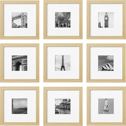eletecpro 12x12 Picture Frames Set of 9 with Clear Acrylic Cover, Display 8x8 Photos with Mat or 12x12 Without, Classic and Sturdy Square Collage Gallery Wall Decor, Easy Wall Mount, Black