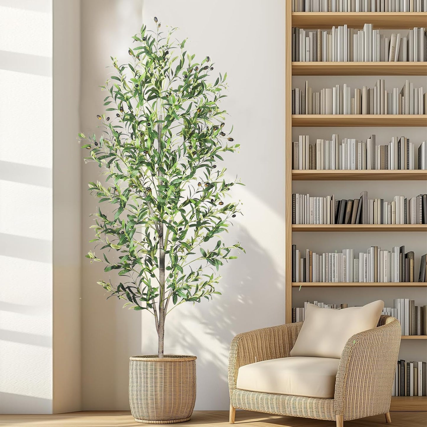 Artificial Olive Tree with White Pot,6FT high, Fake Tree containing 1440 Dense Leaves and 80 Highly Simulated Olive Fruits, Suitable for Home Office Living Room Floor Decoration