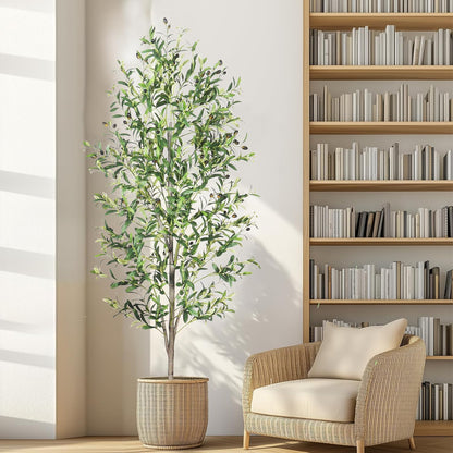 Artificial Olive Tree with White Pot,6FT high, Fake Tree containing 1440 Dense Leaves and 80 Highly Simulated Olive Fruits, Suitable for Home Office Living Room Floor Decoration