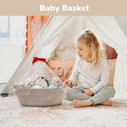 CHICVITA Decorative Gift Basket, Easter Basket for Kids, Woven Rope Storage Baskets with Handles, Nursery Baby Shower Toy Organizer, Grey, 13 x 9.8 x 5 inches