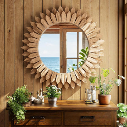 20 Inch Brown Boho Wall Decor Sunburst Mirror - Round Wooden Wall Decor, Handmade Rustic Circular Mirror for Living Room, Bedroom, Entryway, Office