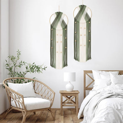 LB Boho Macrame Wall Hanging - Green and Beige Handmade Cotton Woven Decor, Modern Geometric Bohemian Tapestry Wall Decor for Bedroom Living Room Home (31.5"x9.84") Nature-Inspired Room Decor