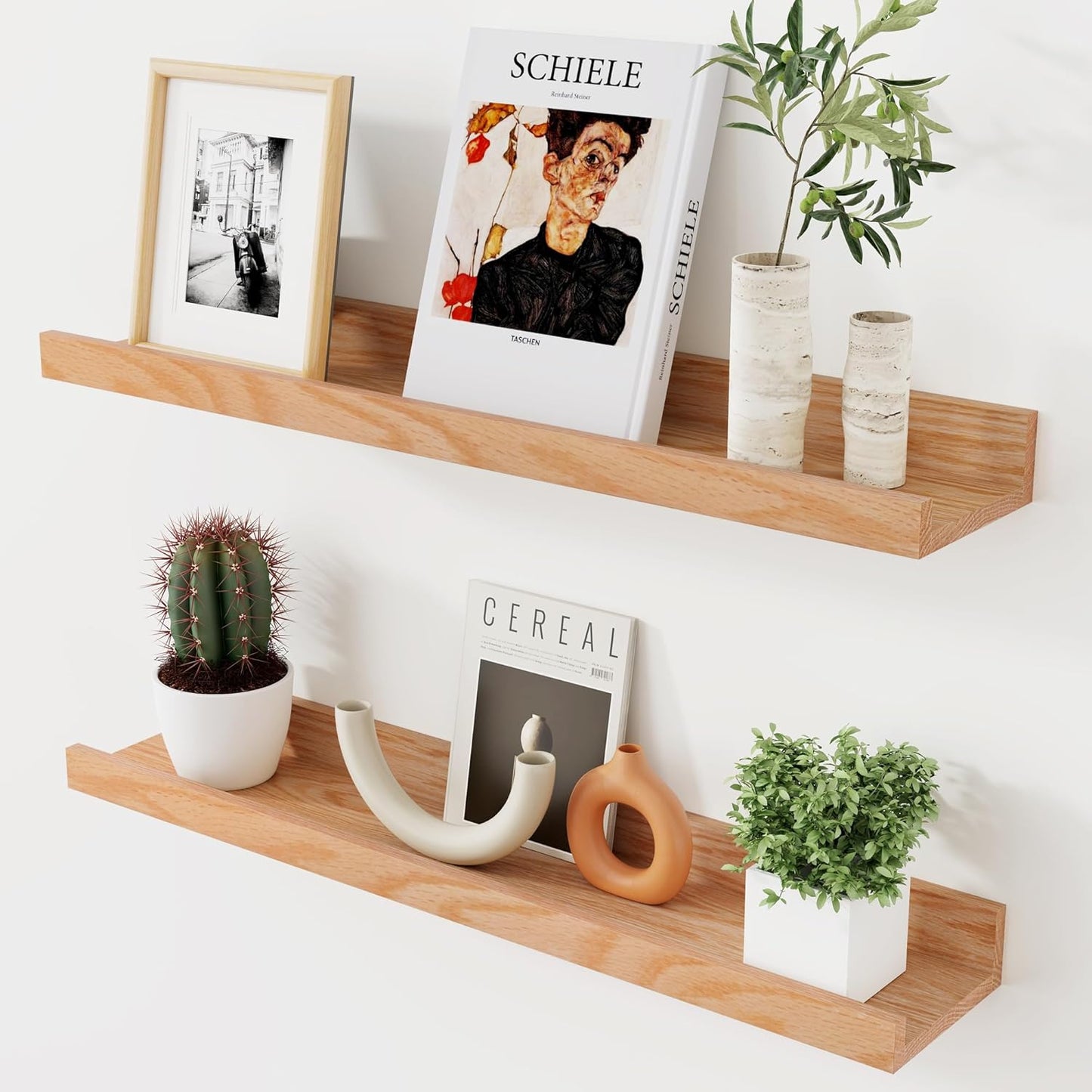 Axeman Oak Picture Ledge Shelf, 48 Inch Floating Shelves Set of 2, Solid Oak Wood Wall Shelves with Lip, Wall Decor Storage for Bedroom Living Room Bathroom Kitchen Nursery Photo Picture, Natural Oak