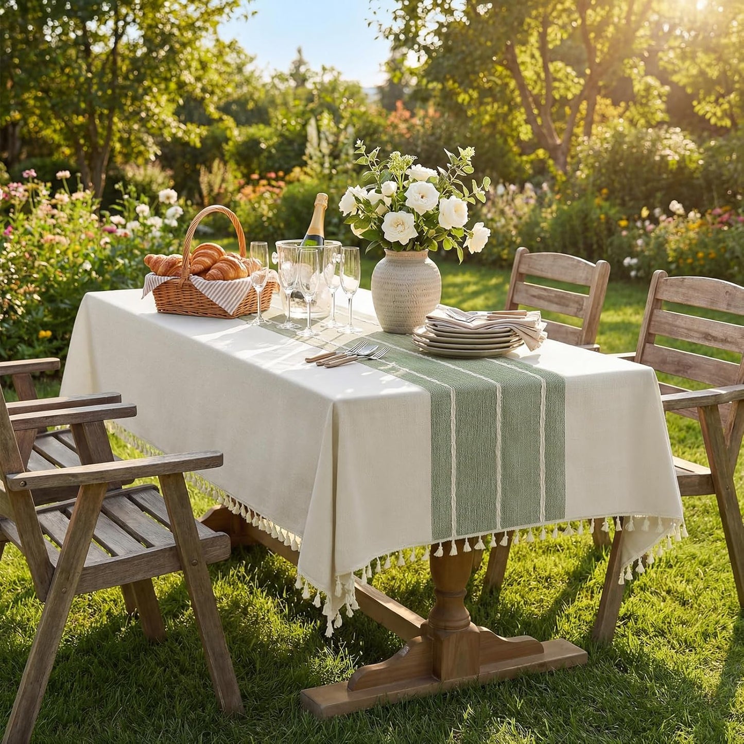 Softalker Outdoor Tablecloth Rectangle, Waterproof Linen Cotton Farmhouse Table Cloths with Tassel, Heavy Weight Wrinkle Free Boho Table Cover for Picnic Camping Dining - 55 x 70 Inch, Coffee Lines
