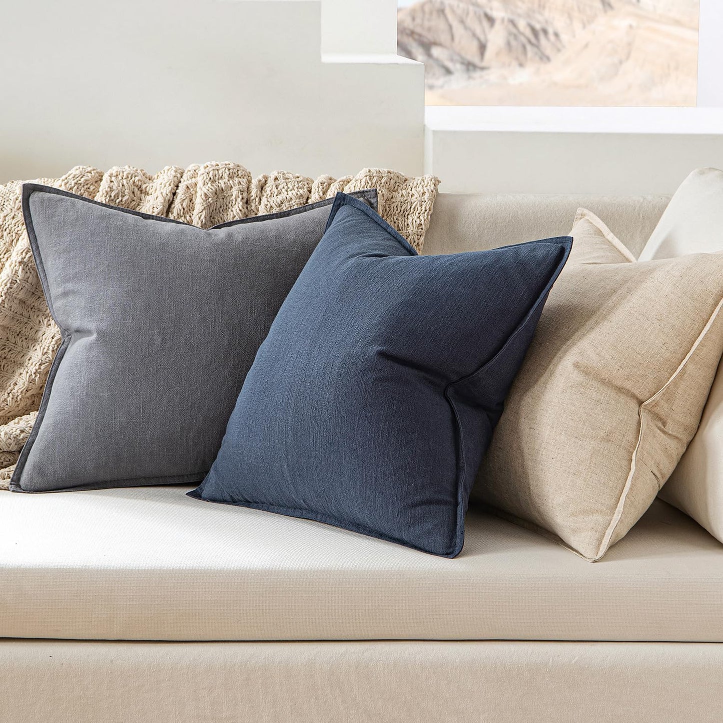 MIULEE Decorative Linen Euro Sham Pillow Covers 26x26 Cream White Boho Farmhouse Neutral Couch Throw Pillows for Bed Pack of 2 Accent Modern Pillowcase Sofa Livingroom Home Decor