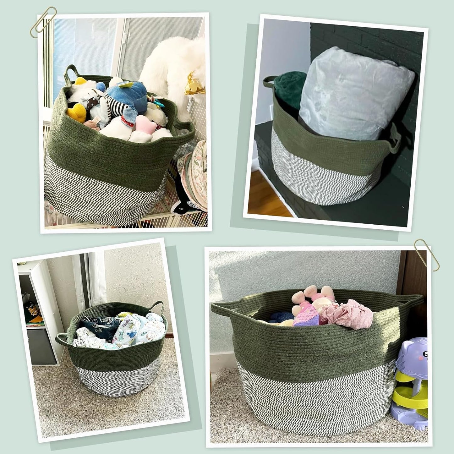 INDRESSME XXXLarge Blanket Basket for Living Room 21.7" x 21.7" x 13.8"-Storage Basket with Handle for Organizing Toy Pillows Woven Cotton Rope Laundry Basket Stuffed Animal Toy Storage for Play Room