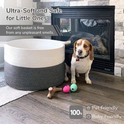 INDRESSME XXXLarge Blanket Basket for Living Room 21.7" x 21.7" x 13.8"-Storage Basket with Handle for Organizing Toy Pillows Woven Cotton Rope Laundry Basket Stuffed Animal Toy Storage for Play Room