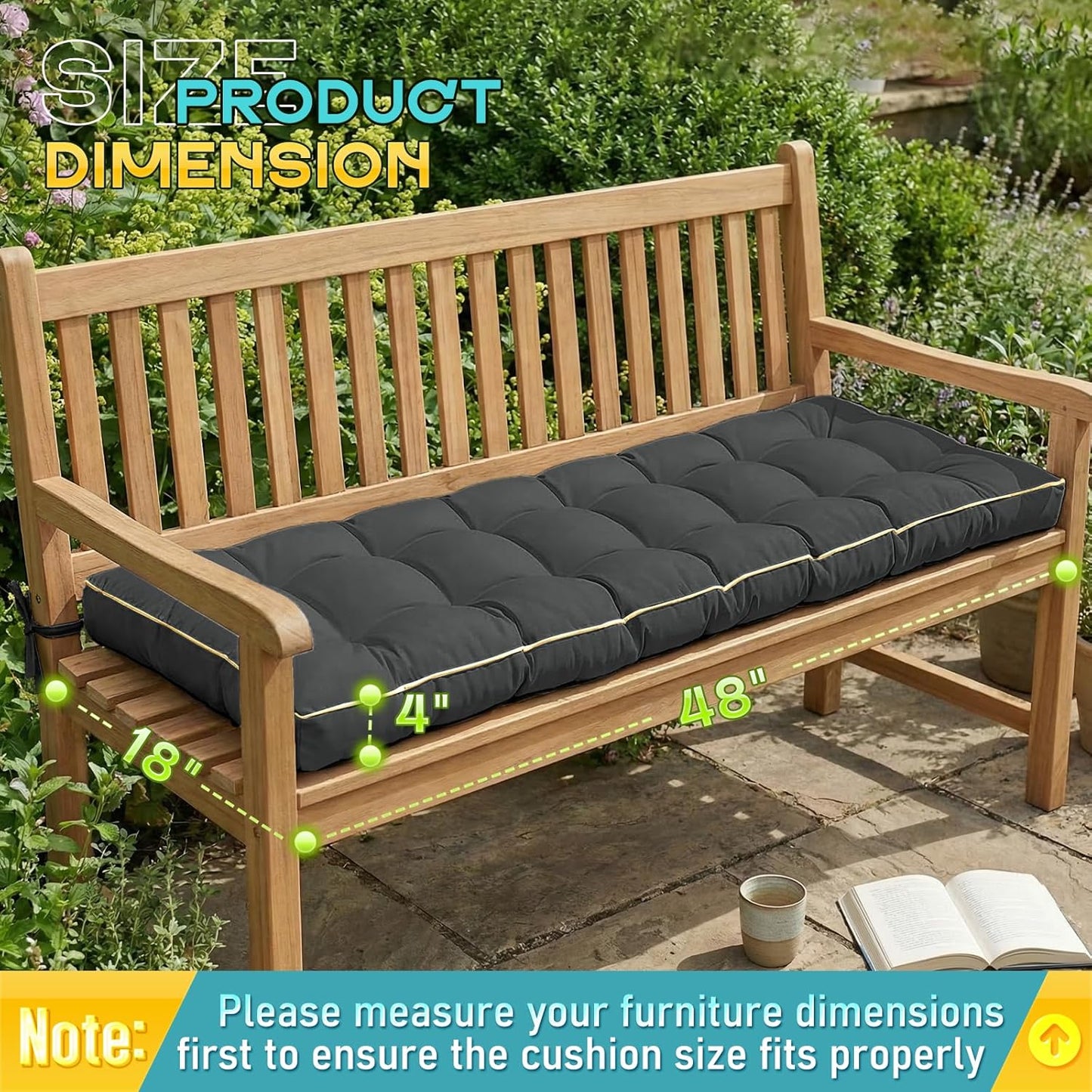Outdoor Bench Cushion, Tufted Patio Seat Pad for Garden Bench, Porch Swing, Indoor/Outoor Furniture (Blue, 48X18X4 inch)