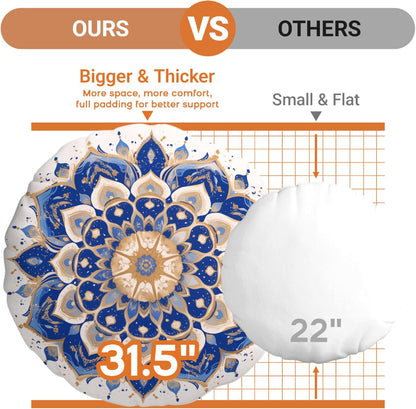Meditation Cushion Set of 2, 32 Inch Extra Thick Memory Foam Round Floor Pillow with Removable Washable Cover, Bohemian Mandala Yoga Cushion for Adults - Ideal Holiday Decor, Brown