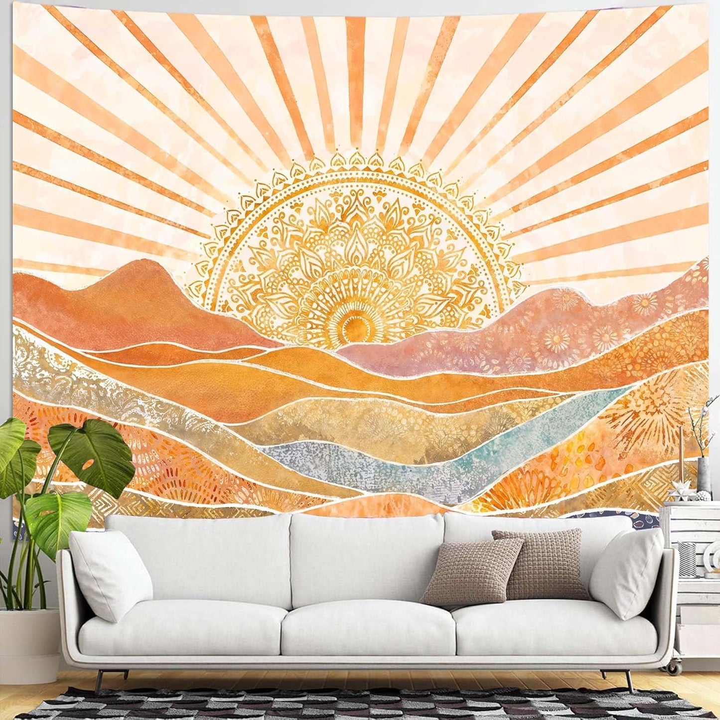 Lunerfex Bohemian Mandala Sunrise Wall Tapestry, Abstract Mountain Scenery Tapestries for Home Decor, Boho Tapestry 48x36 Inch