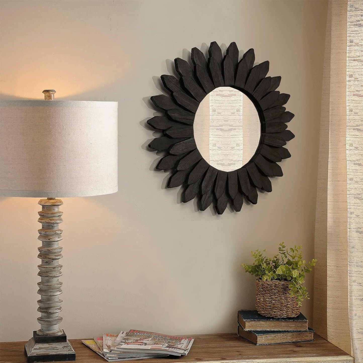 Honiway Wall Mirror Decorative 12 inch Rustic Wood Mirror Sunburst Boho Mirror for Entryway Bedroom Living Room Bathroom House Warming Gifts New Home Essential Carbonized Black