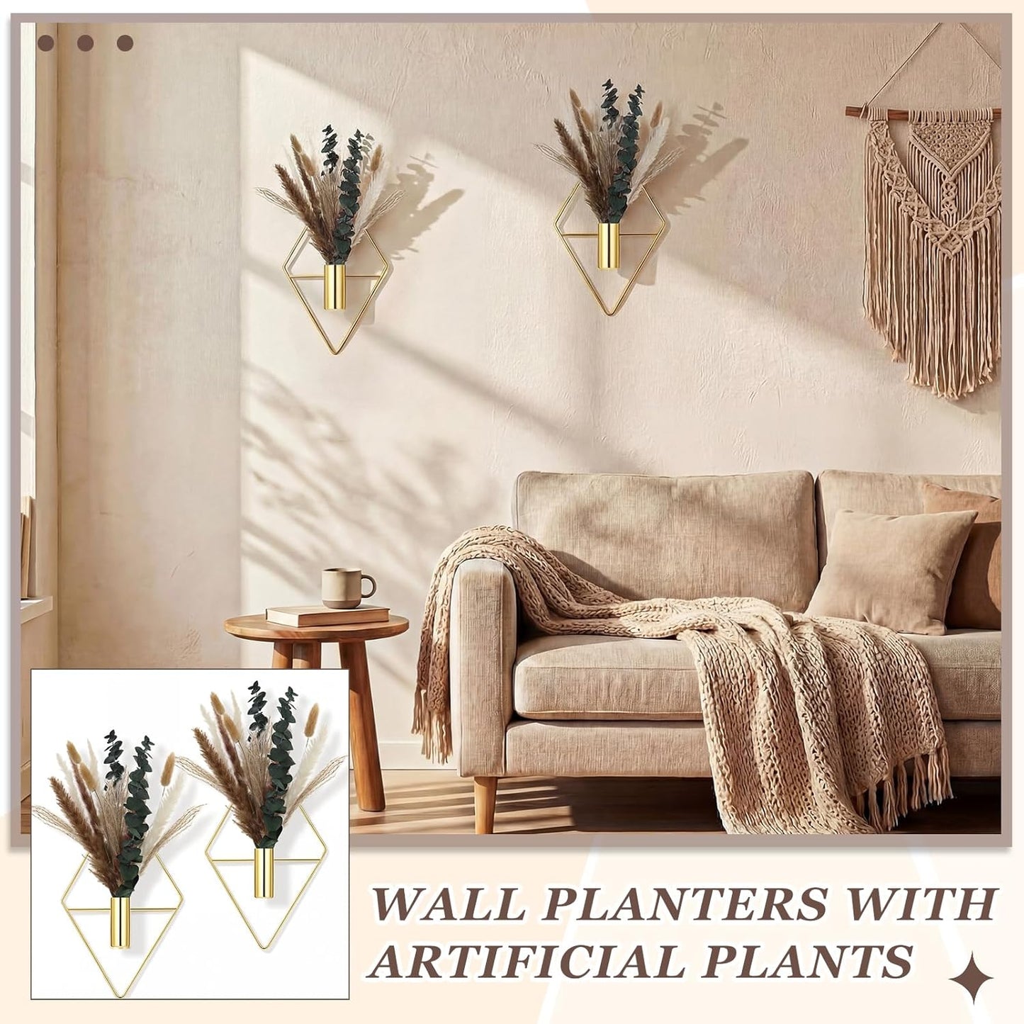 Jexine 4 Pcs Hanging Planters with Artificial Eucalyptus Metal Hanging Vase Indoor Plants Holder Modern Geometric Boho Bathroom Wall Decor for Living Room Home Office(Black)