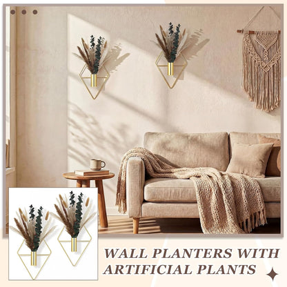 Jexine 4 Pcs Hanging Planters with Artificial Eucalyptus Metal Hanging Vase Indoor Plants Holder Modern Geometric Boho Bathroom Wall Decor for Living Room Home Office(Black)