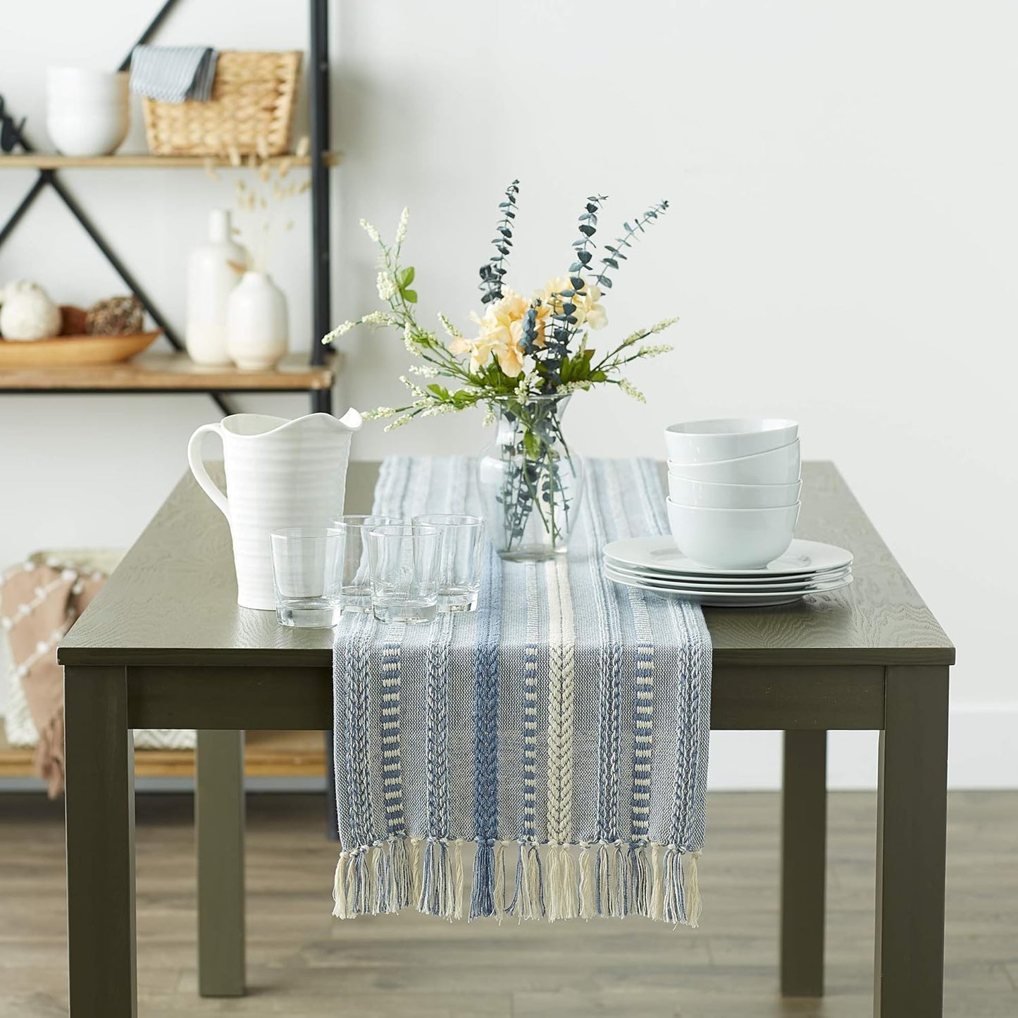 DII Farmhouse Braided Stripe Table Runner Collection, 15x72 (15x77, Fringe Included), Black