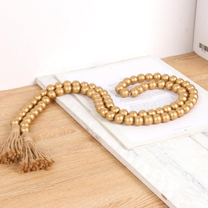 58in Wood Bead Garland with Tassels, Farmhouse Rustic Country Decor Prayer Boho Wall Hanging Decoration (Nature)