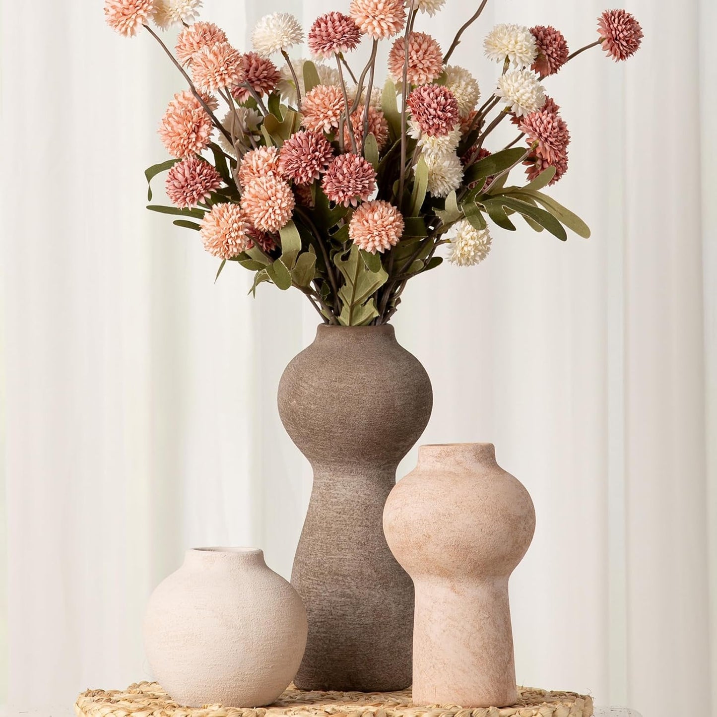 Ceramic Vase Home Table Decor - Flower Vase Set of 3 Living Room Kitchen Decorations Farmhouse Modern Rustic Vases Decorative Centerpiece for Shelf Bedroom Office Bathroom Dining Coffee Desk