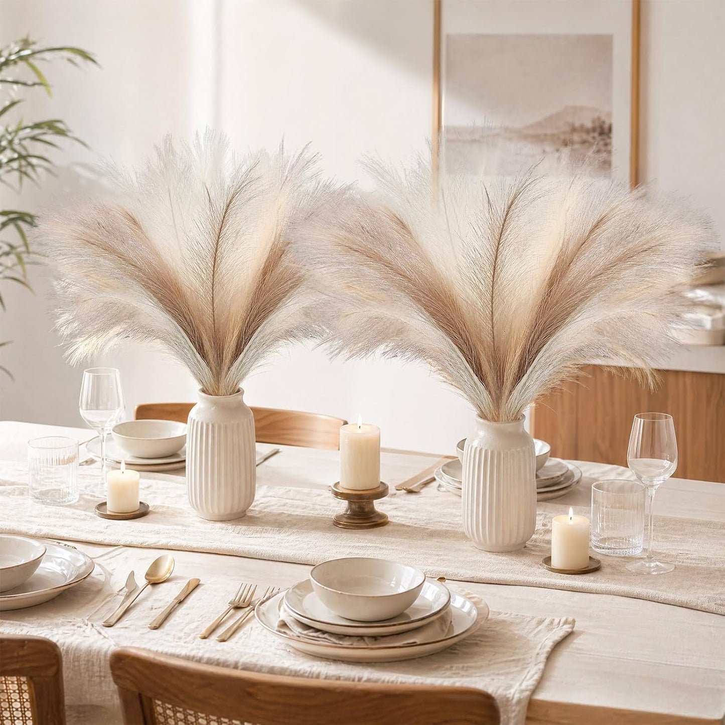 30pcs Pampas Grass Decor,21" Artificial Pompous Grass Bulk,Small Vase Filler Pompas Grass for Home Wedding Living Room Wall Party Decoration (Beige,Light Brown, 21 Inch 30 Pcs)