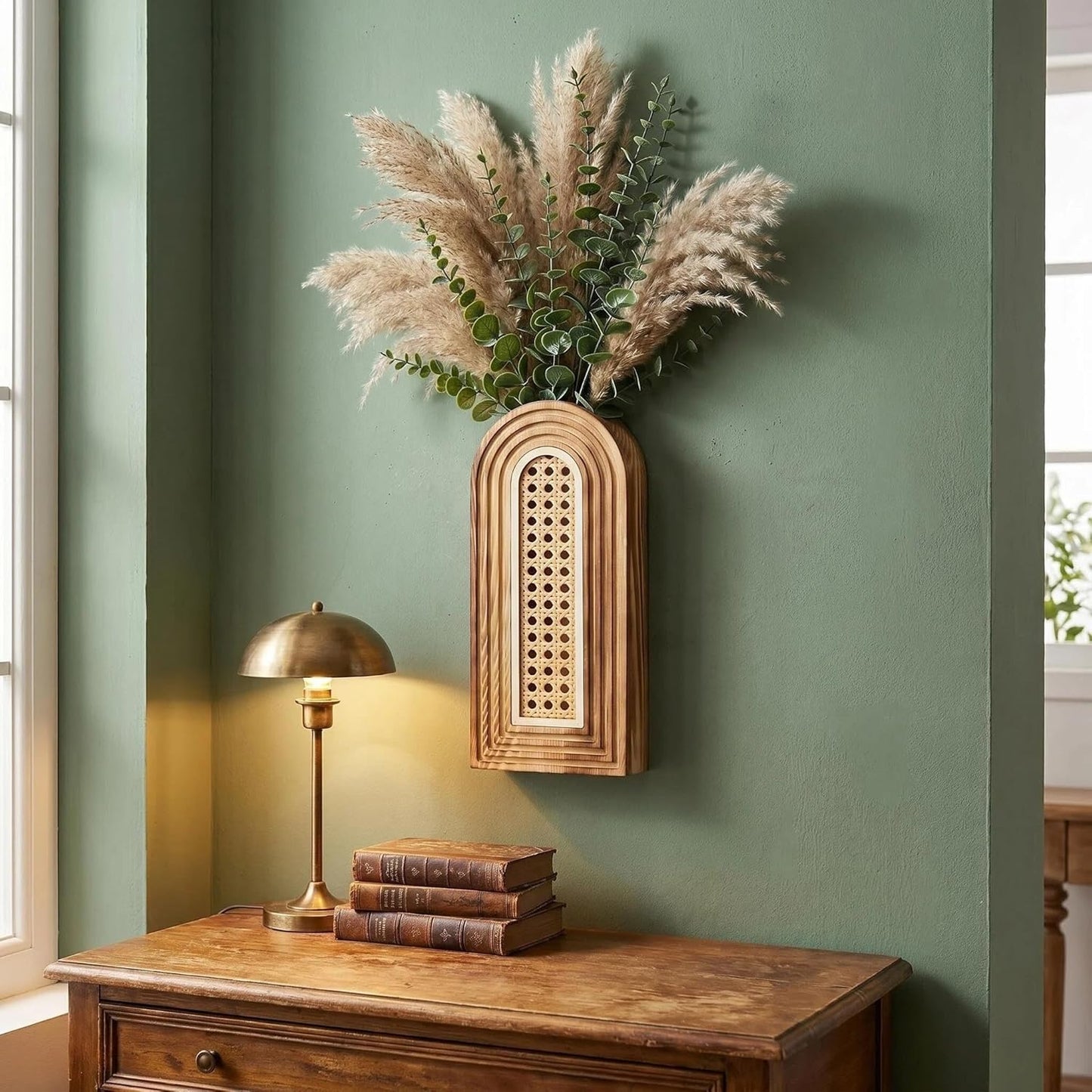 Dnnnii 2 Pack Wooden Wall Vase Set - Brown Finish Modern Farmhouse & Boho Wall Decor for Entryway, Hallway, Bathroom, Living Room, Dining Room, Narrow Spaces