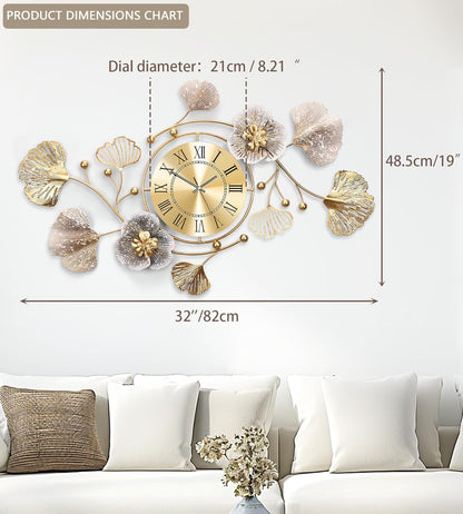 Clocks for Living Room, Large Wall Clock, 3D Silent Wall Clock, Retro Metal Ginkgo Leaf Design, for Bedroom Kitchen Decorative Wall Clocks（32''x18'' ）