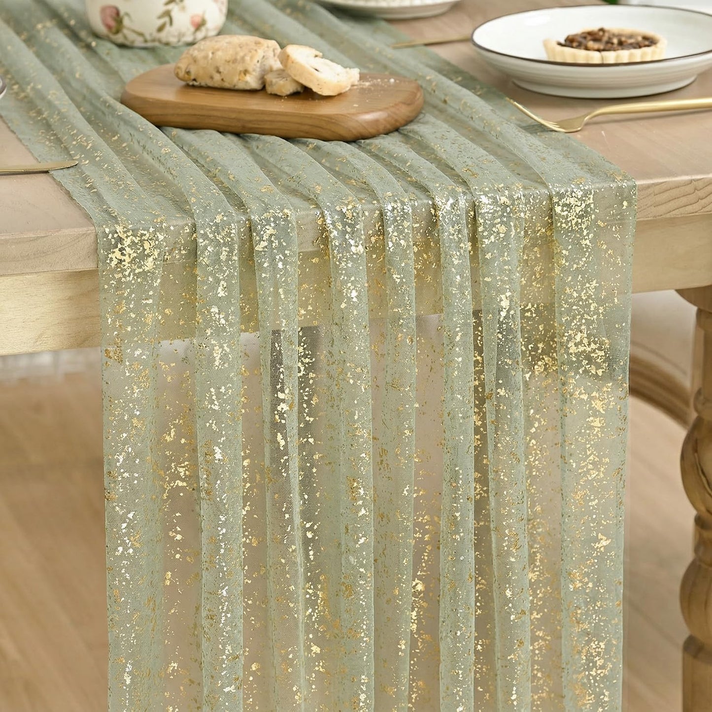 Artoid Mode Beige Gold Gauze Table Runner 120 Inch 10FT, Glitter Metallic Foil Sheer Dining Wedding Anniversary Holiday Birthday Table Decor for Home Party