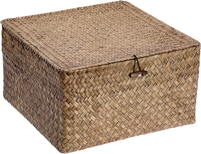 Hipiwe Seagrass Basket with Lid Wicker Storage Basket Square Handwoven Decorative Baskets Box for Shelf Multipurpose Household Baskets Home Decor,X-small