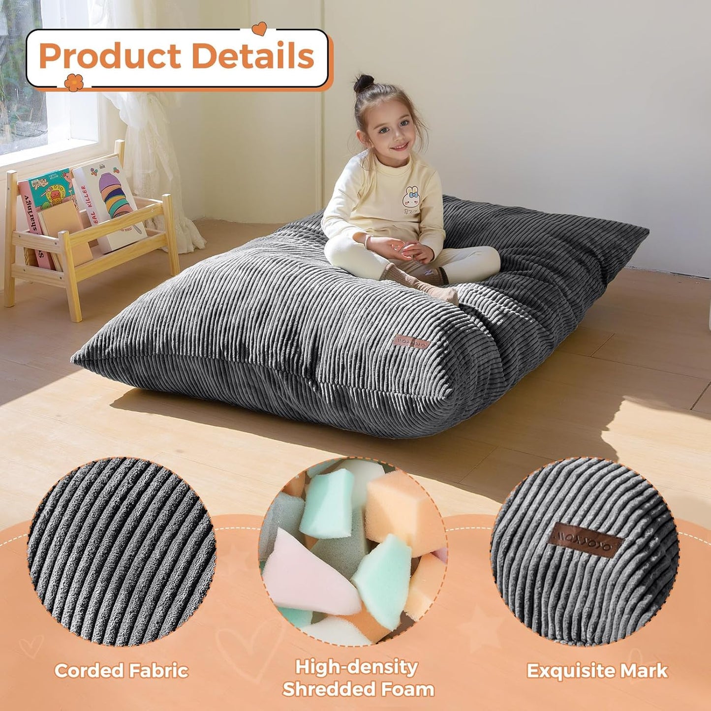 MAXYOYO 3 in 1 Kids Bean Bag Chair Couch, Convertible Chair Folds from Bean Bag to Lounger, Child Floor Sofa for Gaming, Reading, Floor Mattress with High-Density Foam Filling