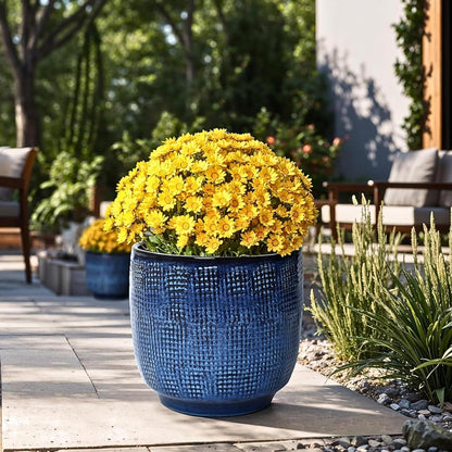 LuxenHome 15.75" Dia Large Ceramic Pots for Plants, Blue Glazed Planters for Outdoor Plants, Round Indoor Flower Pots with Drainage Hole and Rubber Plug for Home Garden Patio