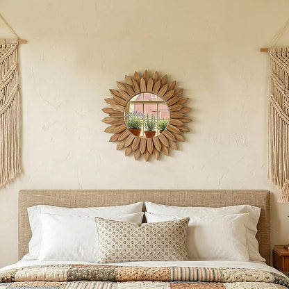 20 Inch Brown Boho Wall Decor Sunburst Mirror - Round Wooden Wall Decor, Handmade Rustic Circular Mirror for Living Room, Bedroom, Entryway, Office