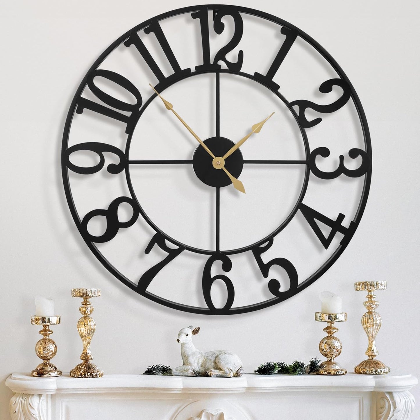 LEIKE 16" Large Wall Clocks Battery Operated, Round Modern Silent Non-Ticking Black Metal Wall Clock for Living Room Decor, Bedroom Kitchen (40cm Diameter, Black Roman Number)