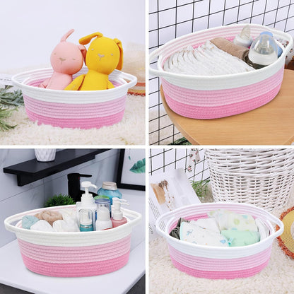 ABenkle Small Basket with Handles, Boho Decorative Rope Woven Dog Cat Toy Storage Bin Shelf Storage Organizer, Easter Christmas Gift Basket, 12"x8"x5", White