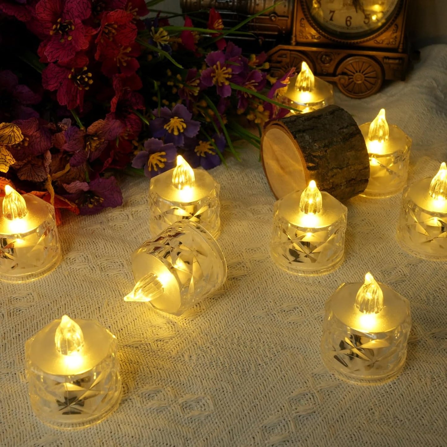 SupBri 24 Pack Flameless Tea Lights Candles Battery Operated, Crystal Led Tealight Candles,Votive Electric Fake Candles for Valentines Wedding Diwali Christmas Decorations