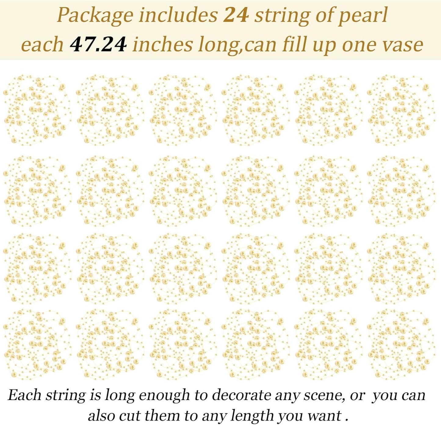 Tondiamo 24 Pcs Artificial Pearl String for Floating Candle Faux Pearls Beads String Garland Centerpiece Decoration for Vases Filler Wedding Spring Holiday Party Decor(Gold)