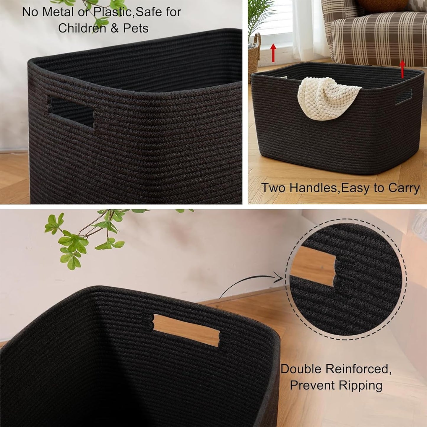 OIAHOMY 75L Large Woven Cotton Rope Storage Basket with Handle for Organizing Blanket and Toys for Living Room, Nursery, Brown Variegated 22”x17”x12”