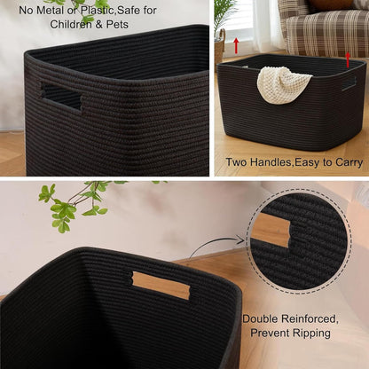OIAHOMY 75L Large Woven Cotton Rope Storage Basket with Handle for Organizing Blanket and Toys for Living Room, Nursery, Brown Variegated 22”x17”x12”