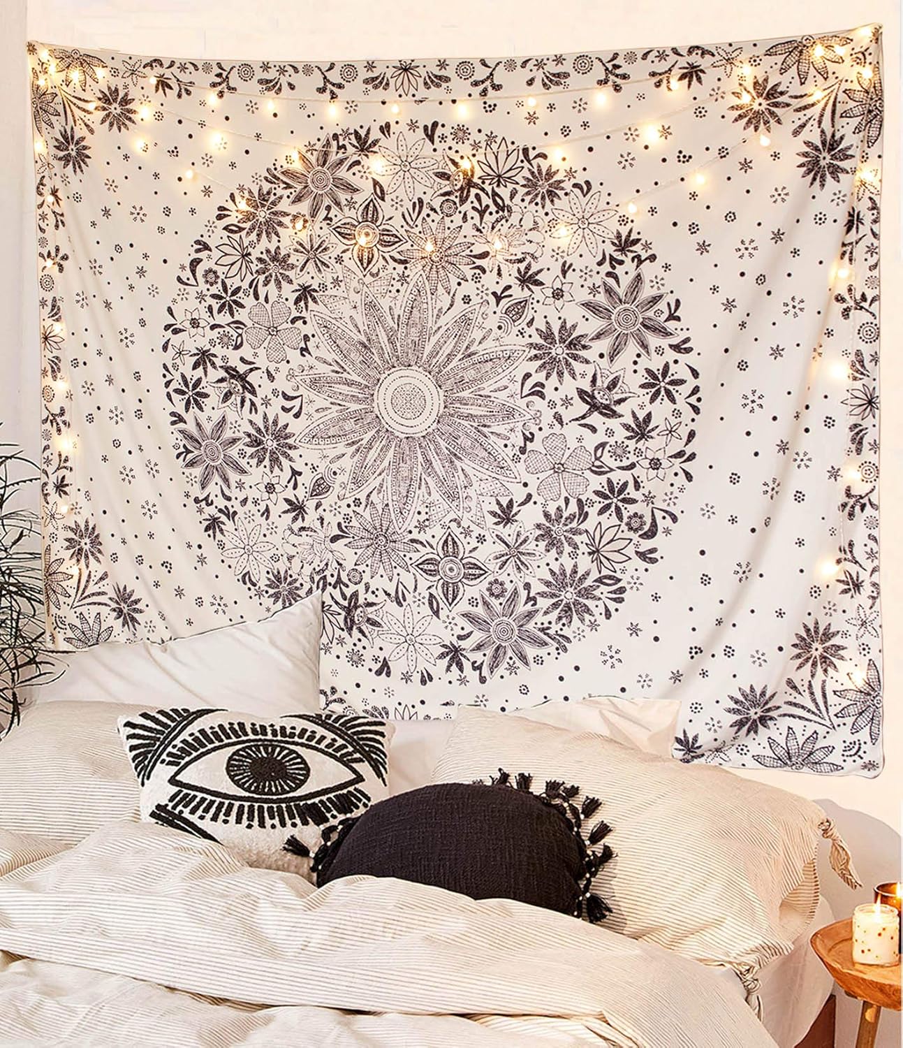 Neasow Bohemian Tapestry Wall Hanging, Beige White Floral Tapestry with Dotted Daisy Medallion Print Bedroom Boho Hippie Home Decor, 36×48 inches