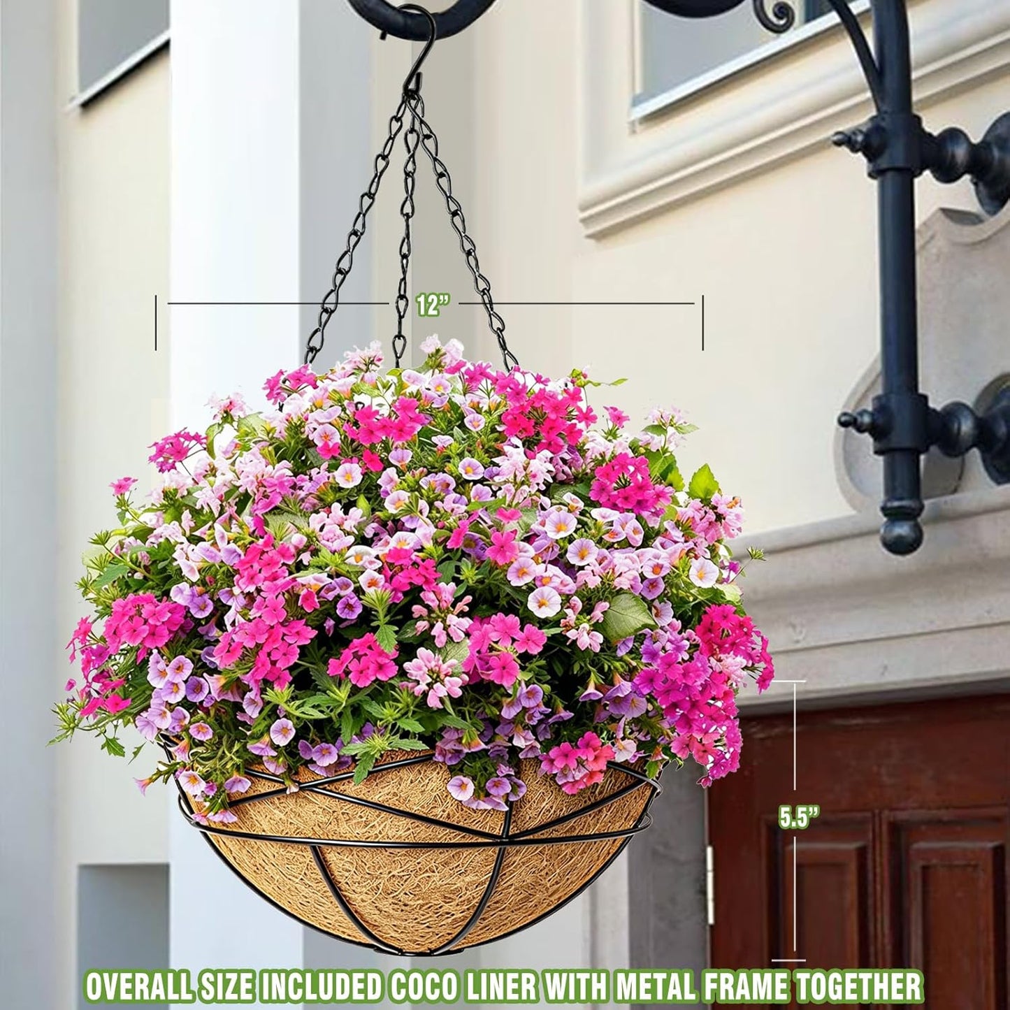 4 Pack 12 Inch Hanging Planters for Outdoor Plants Metal Watering Flower Baskets with Coco Liner for Outside Panting Plant Holder Pot for Home Garden Porch Balcony Railings Decor