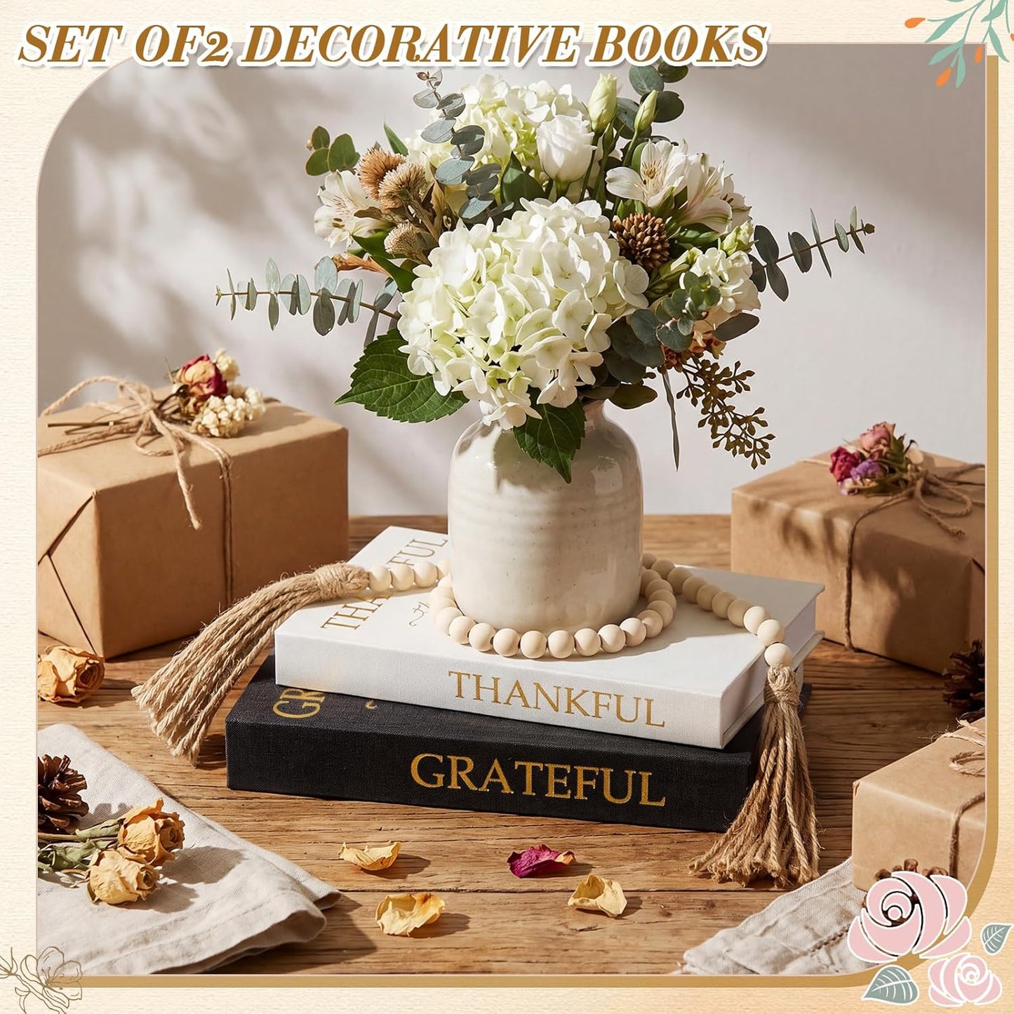 Faccito Set of 2 Linen Decorative Books with Wooden Beaded Garland Tassel Elegant Linen Books Aesthetic Gold Foil Fake Book for Coffee Table Shelf Mantel Storage Boxes(Mint Green)