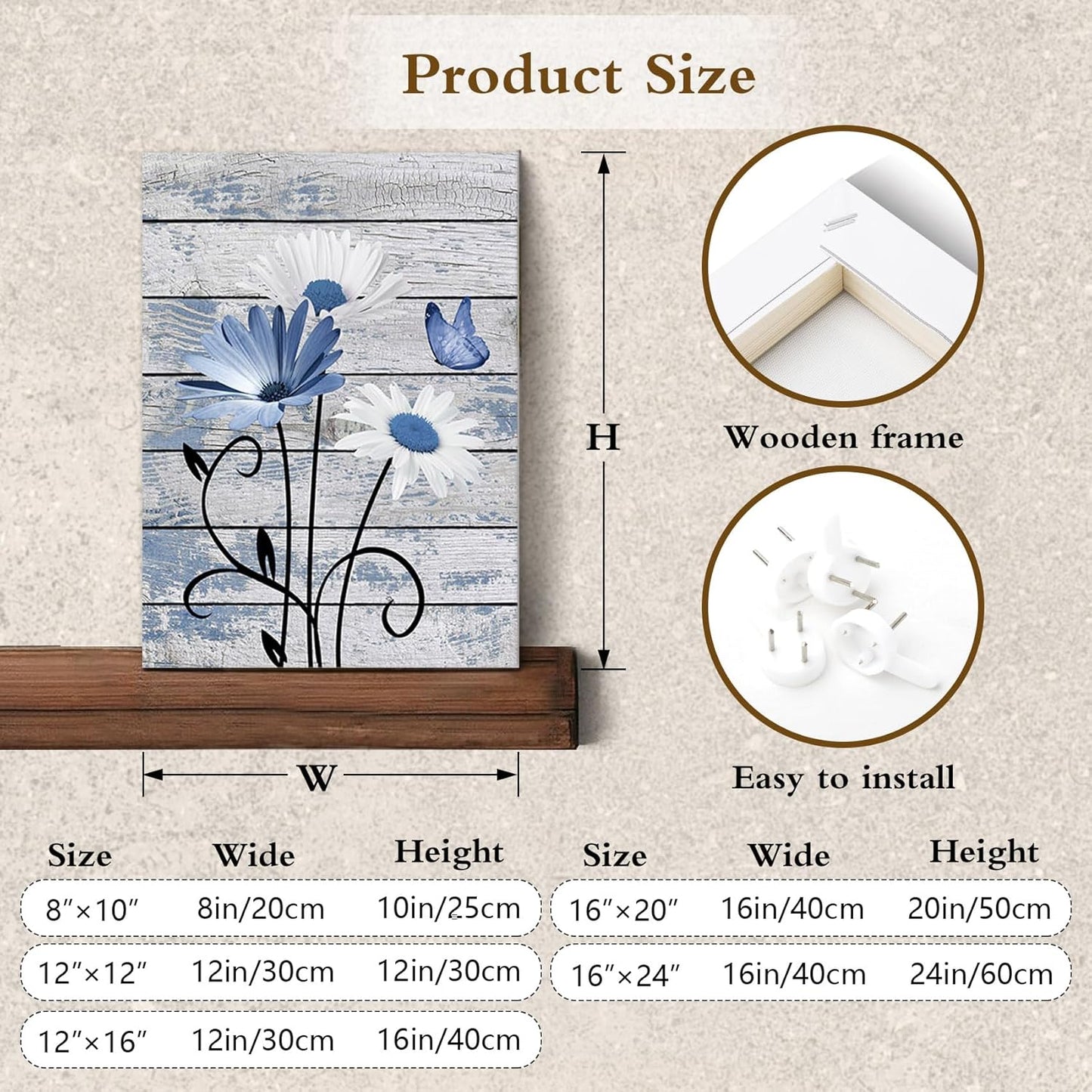 HVEST Farmhouse Floral Wall Art for Living Room, Blue and White Daisy Flower and Butterfly on Rustic Wood Board Canvas Wall Art Framed Artwork Ready to Hang for Bathroom Bedroom Decor, 16L X 12W
