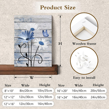 HVEST Farmhouse Floral Wall Art for Living Room, Blue and White Daisy Flower and Butterfly on Rustic Wood Board Canvas Wall Art Framed Artwork Ready to Hang for Bathroom Bedroom Decor, 16L X 12W