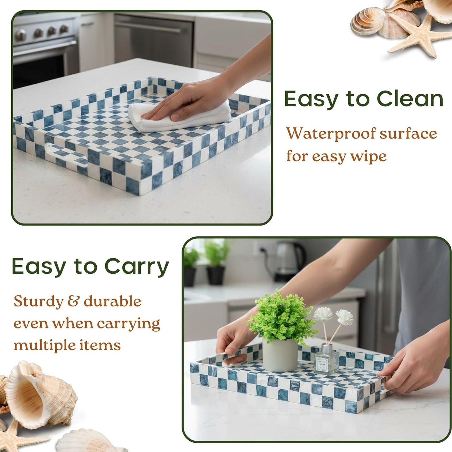 CHI AN HOME 15.8" x 11.8" Decorative Rectangular Tray with Natural Capiz Shells, Checkered Tray with Handles, Serving Tray for Ottoman, Coffee Table, Kitchen Counter Home Decor (Pistachio Green)