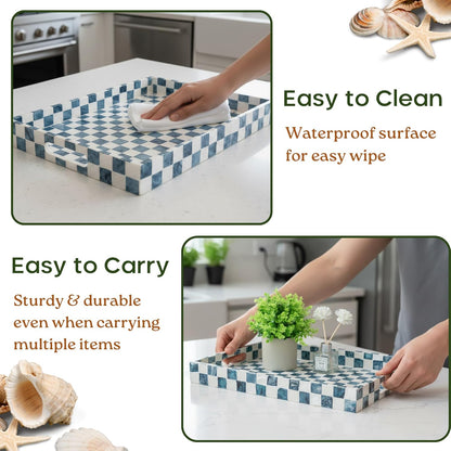 CHI AN HOME 15.8" x 11.8" Decorative Rectangular Tray with Natural Capiz Shells, Checkered Tray with Handles, Serving Tray for Ottoman, Coffee Table, Kitchen Counter Home Decor (Pistachio Green)
