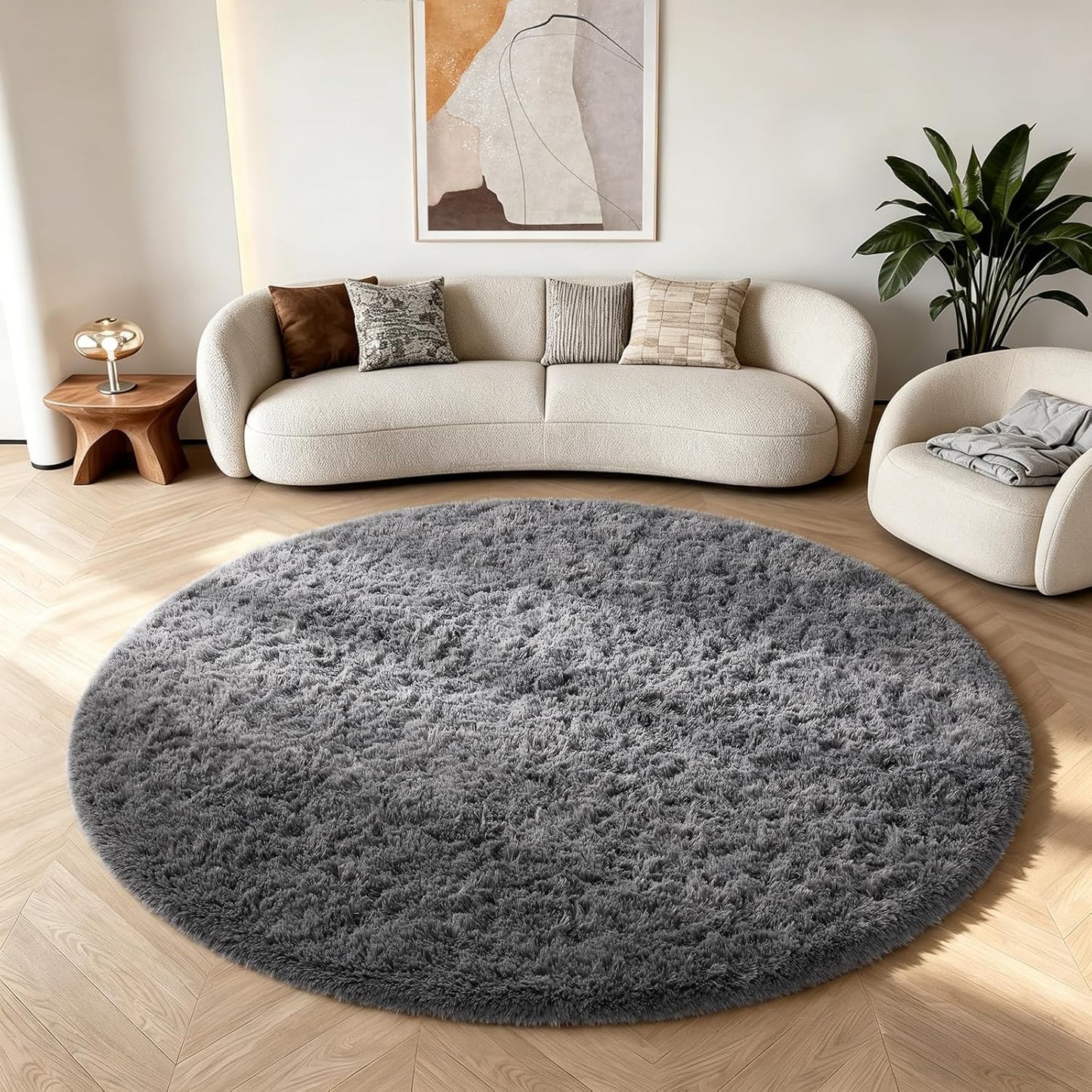 Ophanie Round Rugs 5Ft Ivory Circle Area Rug, Nursery Room Decor, Christmas Aesthetic Bedroom Home Circular Carpet 5 Foot, Fluffy Fuzzy Shag Plush Cream Living Room Rugs for Kids Boys Girls Teen Baby