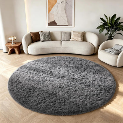 Ophanie Round Rugs 5Ft Ivory Circle Area Rug, Nursery Room Decor, Christmas Aesthetic Bedroom Home Circular Carpet 5 Foot, Fluffy Fuzzy Shag Plush Cream Living Room Rugs for Kids Boys Girls Teen Baby