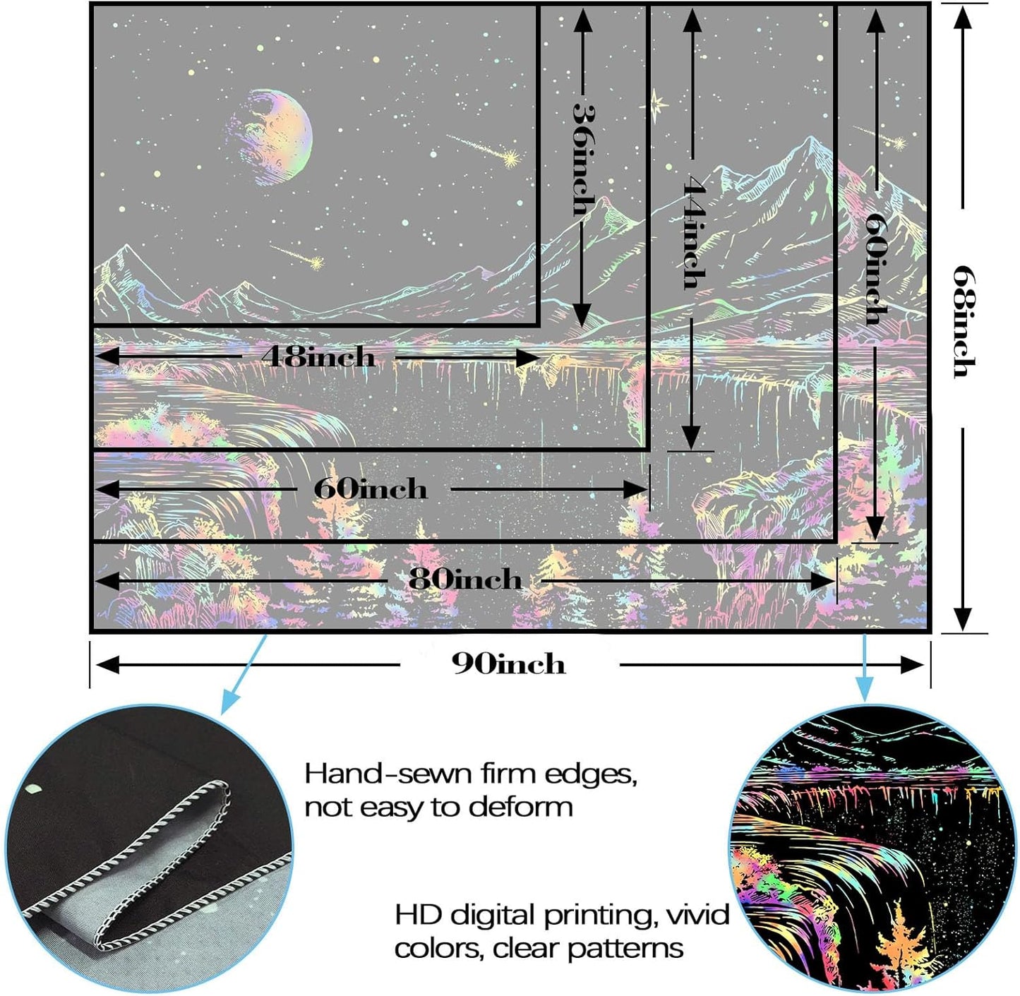 Zussun Black and White Tapestry Starry Night Mountain Tapestries for Bedroom Aesthetic Moon and Stars Tapastry's Wall Hanging Dark Nature Forest Wall Tapestry for Living Room Dorm (48'' × 36'')