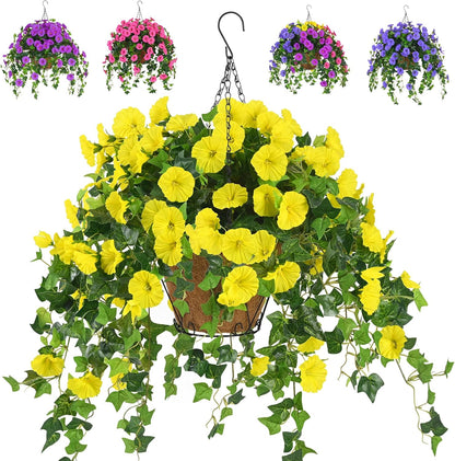 Waipfaru Artificial Hanging Baskets with Flowers, Fake Hanging Plants Outdoors, Urn Fillers for Outside Summer Decor (Fuchsia)