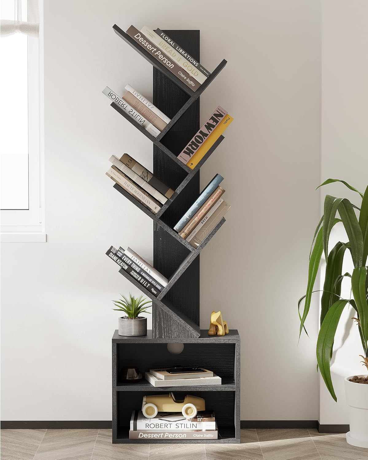 SUNMORY 6 Tier Tree Bookshelf, Small Bookcase with Storage Cabinet, Modern Tall Narrow Bookshelves Organizer, Floor Standing Book Shelf for Bedroom/Living Room/Home Office/Corner, Rustic Brown